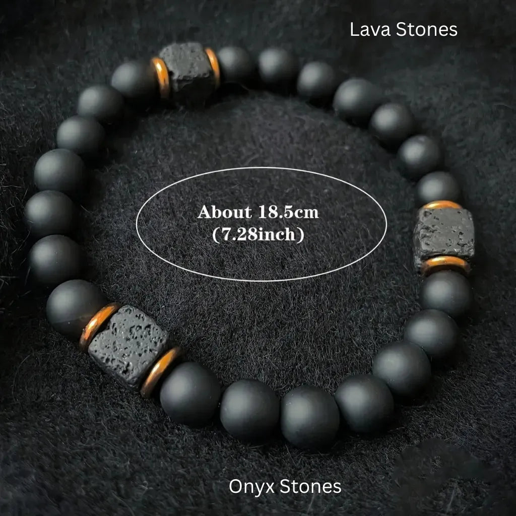 Onyx lava bracelet size image with matte black beads and lava stones, measuring 18.5 cm for easy stretch comfort