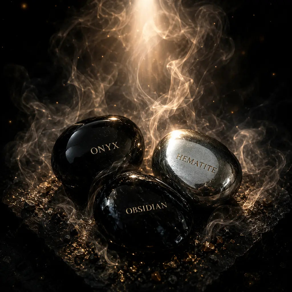 Three stones labeled 'Onyx', 'Hematite', and 'Obsidian' with a mystical background.