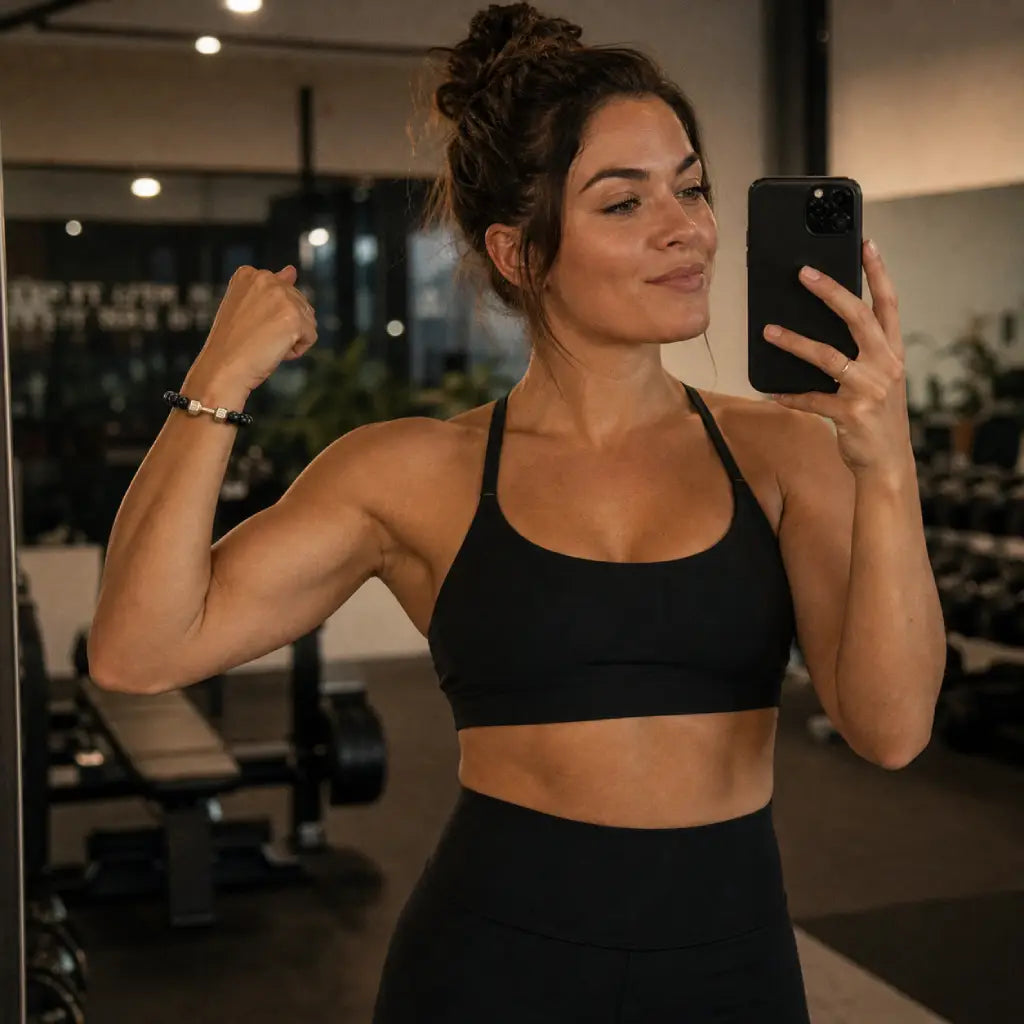 Onyx stone bracelet on woman taking gym selfie, showcasing stylish fitness jewelry that boosts confidence and workout motivation