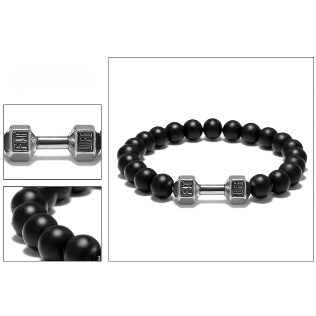 Onyx stone bracelet displayed in multi angle layout with bead texture and dumbbell charm detail, helping buyers assess quality and style