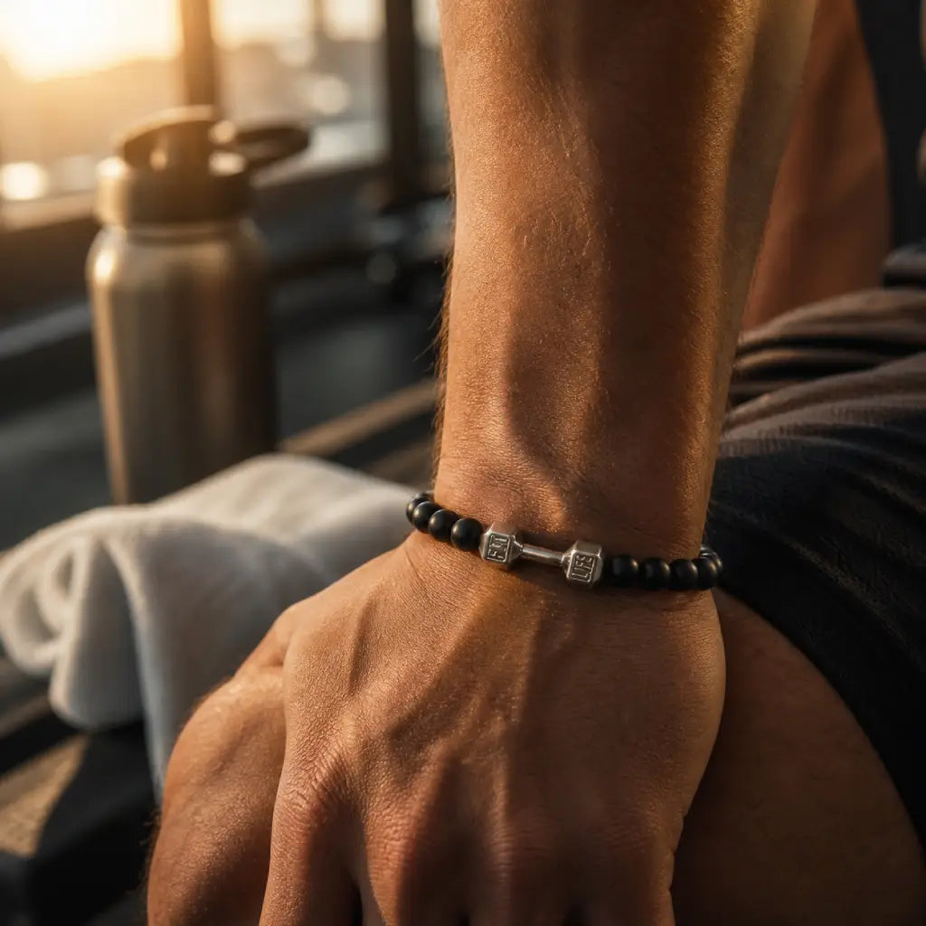 Onyx stone beaded bracelet close-up with detailed texture and metallic dumbbell charm, highlighting durability and sleek design