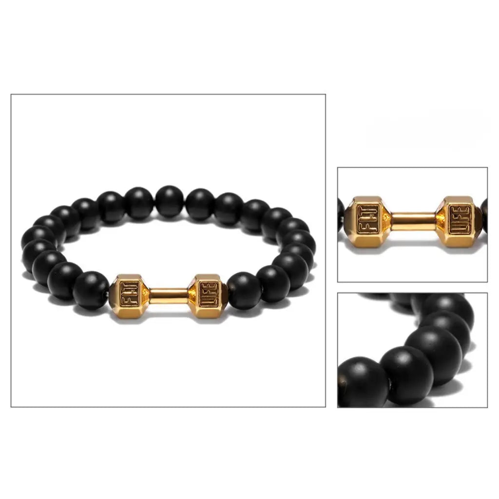 Onyx stone bracelet with gold dumbbell accent, combining luxury style and fitness inspiration for bold and confident everyday wear