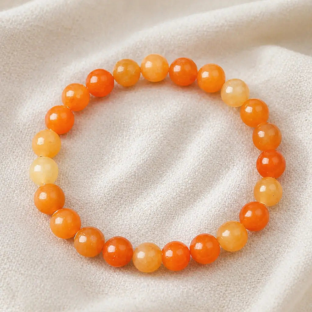Orange aquamarine stone breacelet round bead stretch bracelet on linen, vibrant gemstone jewelry gift idea set