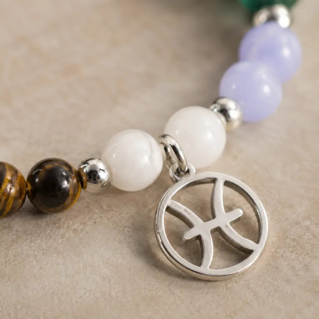 Pieces zodiac bracelet detail showcasing Pisces zodiac charm with crystal beads and premium jewelry finishing