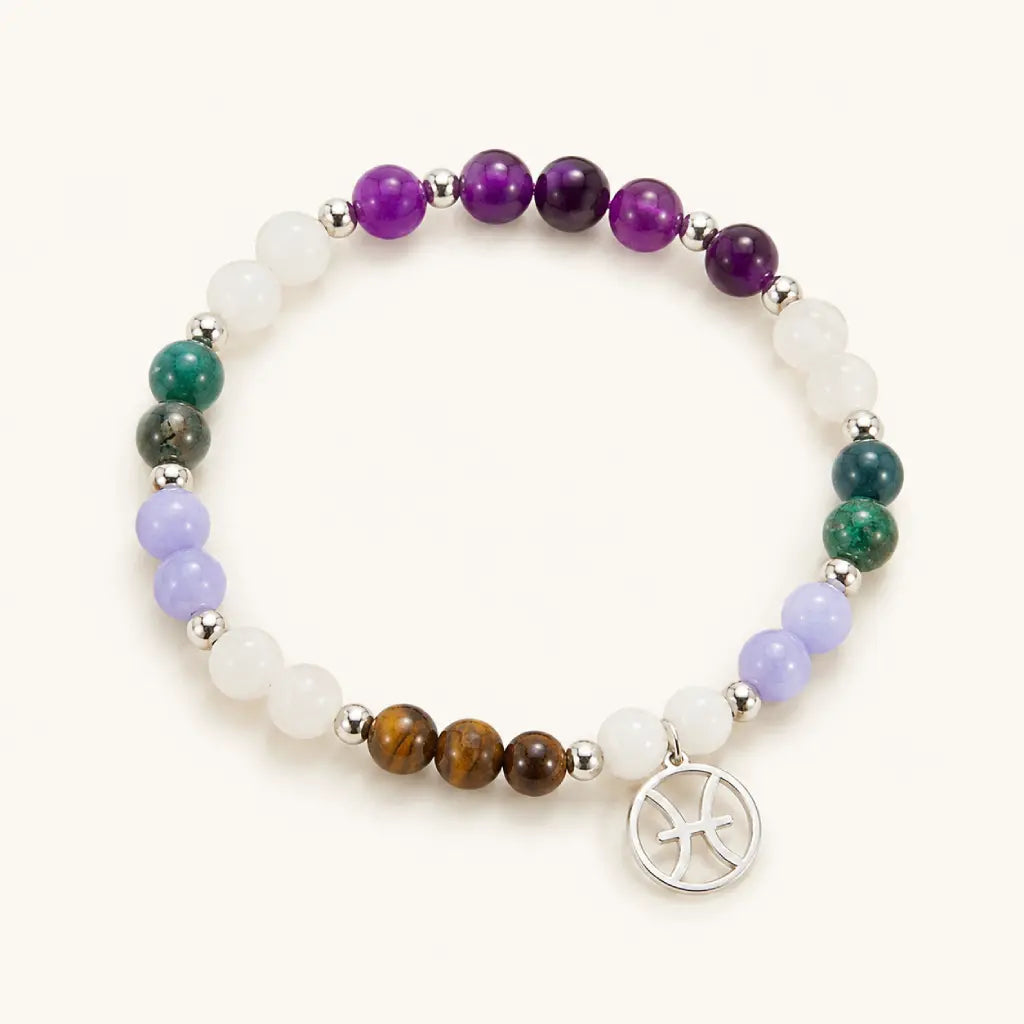 Pieces zodiac gemstone bracelet featuring amethyst, tiger eye and crystal beads with Pisces charm for astrology lovers