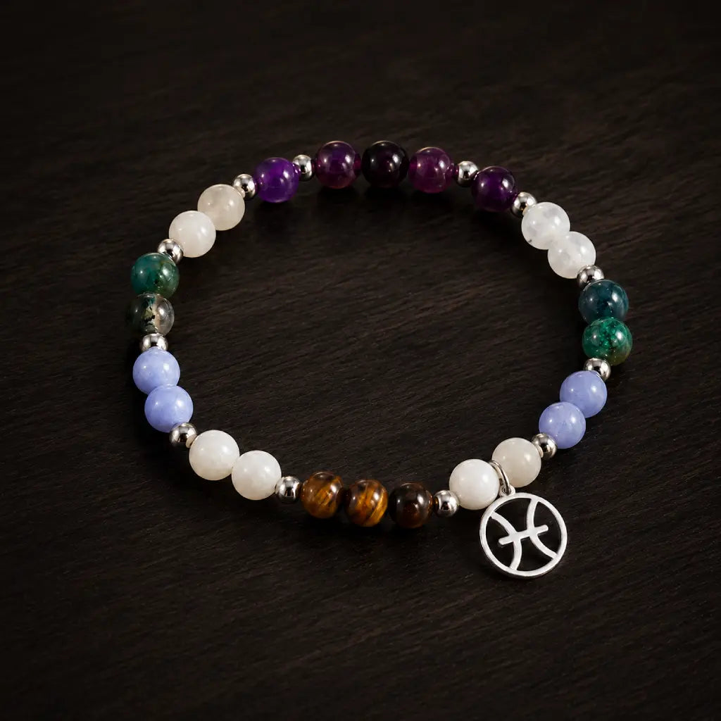 Pieces zodiac bracelet displayed on rich wood surface featuring astrology jewelry and colorful gemstone beads