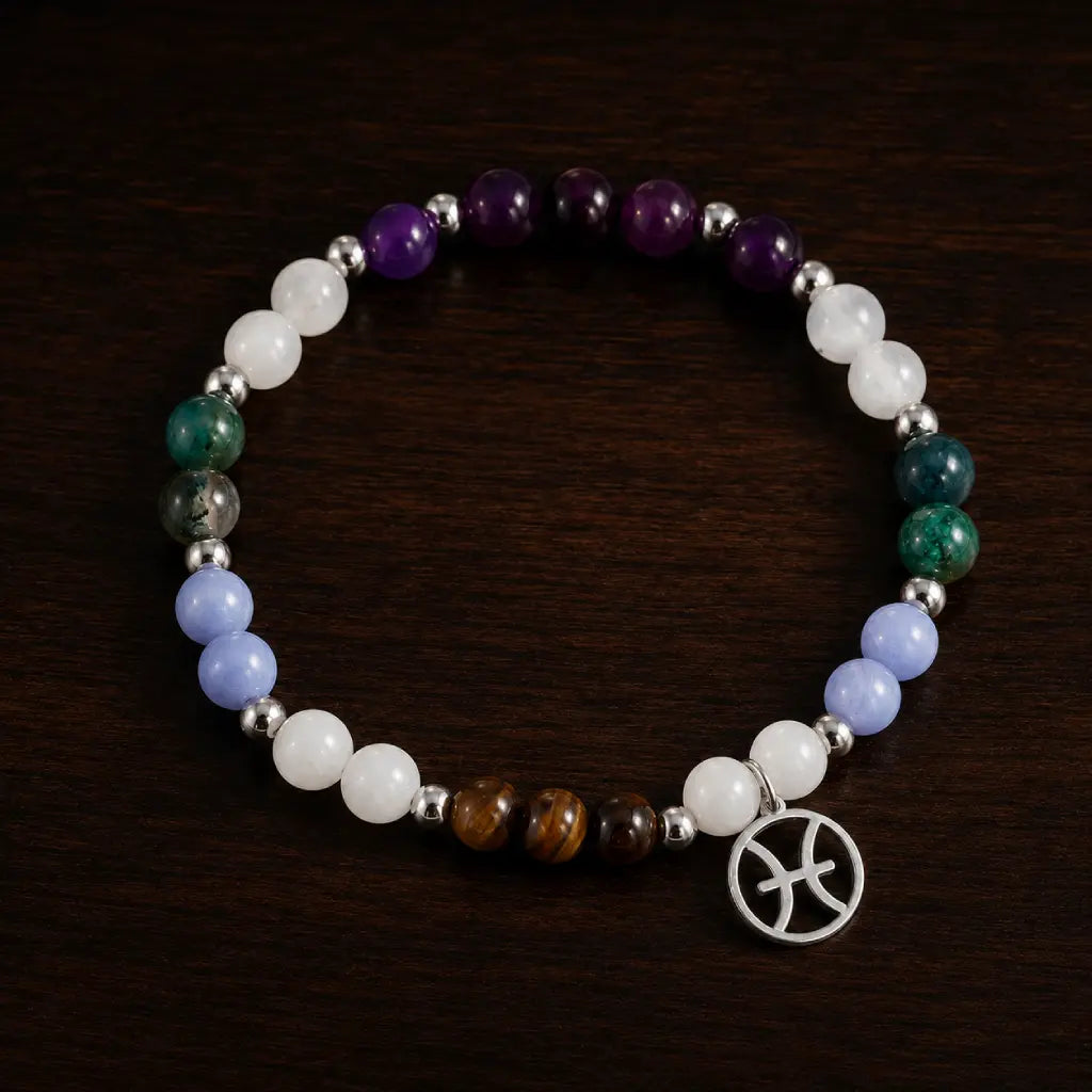 Pieces zodiac bracelet presented on wooden background highlighting gemstone jewelry and astrology gift appeal
