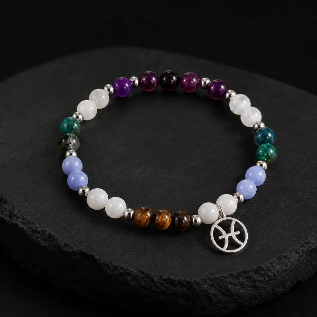 Pieces zodiac gemstone bracelet showcased on display pedestal highlighting Pisces charm and elegant bead design