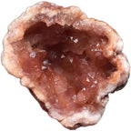 Pink amethyst geode displaying a deep natural crystal cavity with sparkling druzy quartz, ideal for collectors and home décor.