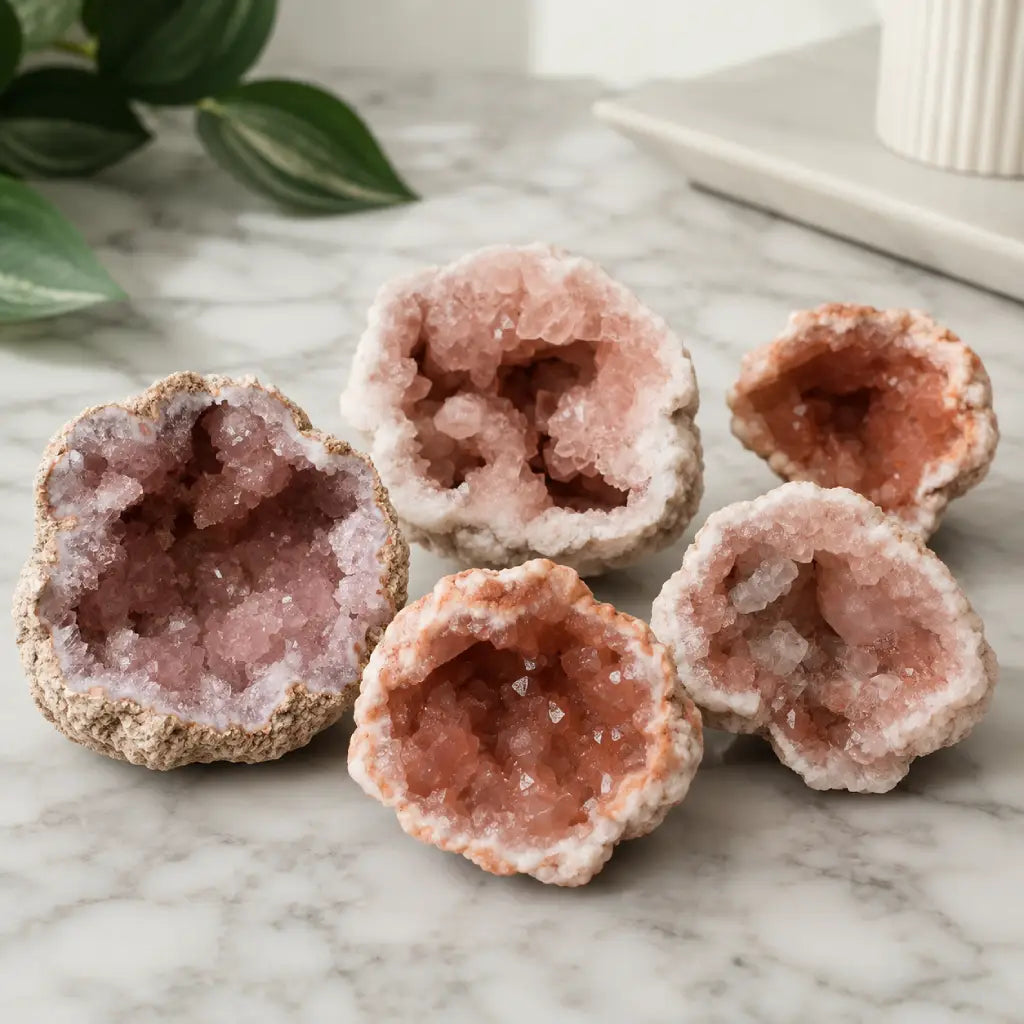 Pink amethyst geode collection with multiple natural crystal specimens displaying sparkling druzy interiors for luxury home décor.