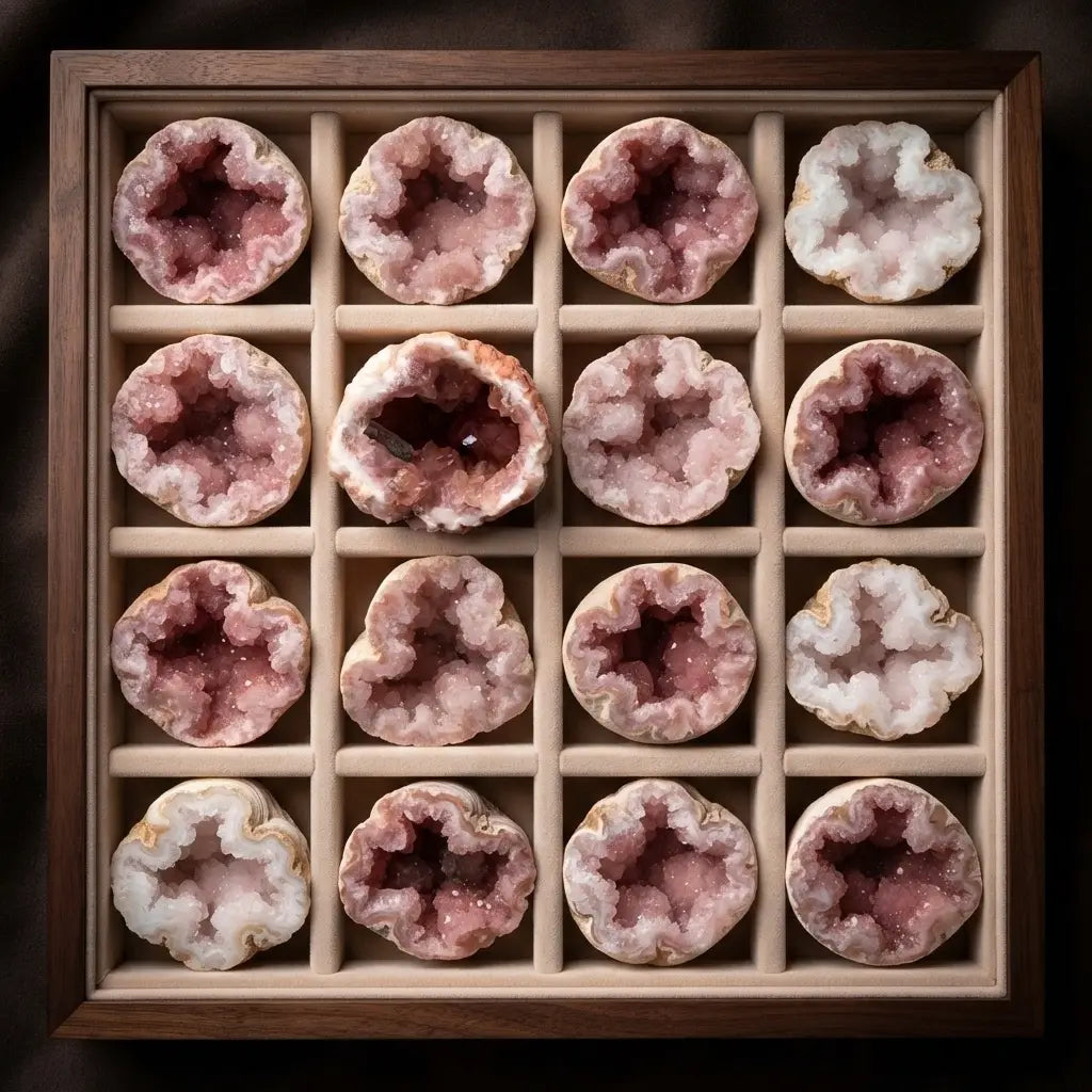 Pink amethyst geode collection arranged in a display tray with sparkling natural crystal formations for collectors and luxury décor.