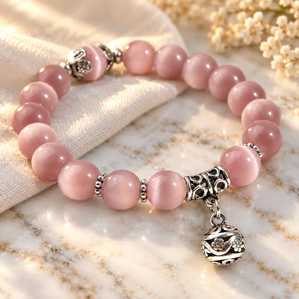 Pink Catseye bracelet with silky pink beads and an intricate silver charm, styled as elegant jewelry for women.
