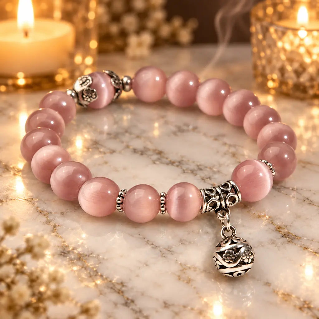 Pink Catseye bracelet with polished pink beads and decorative silver charm, beautifully styled in warm candlelight.