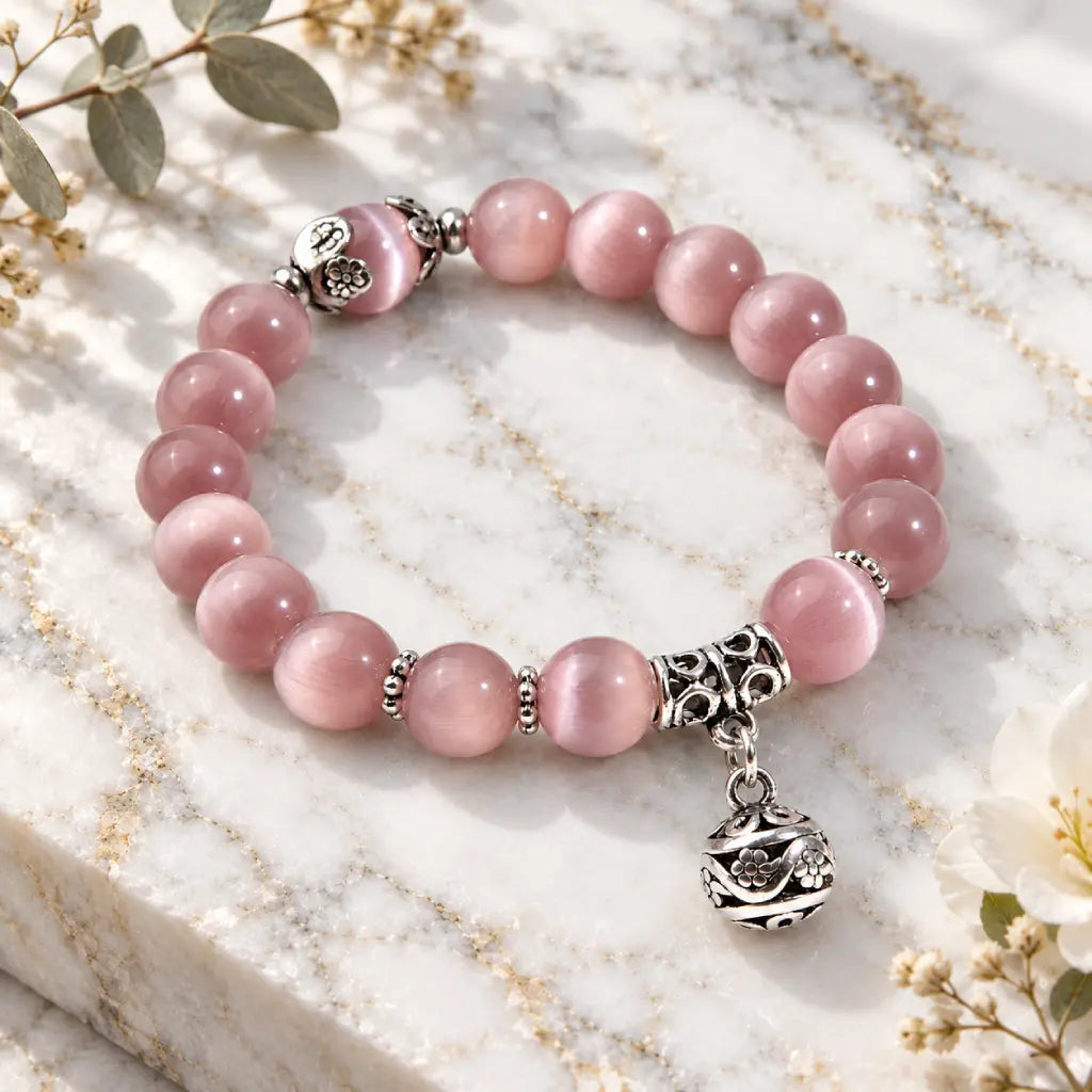 Pink Catseye bracelet with luminous pink beads, silver floral details and a dangling charm for graceful feminine style.