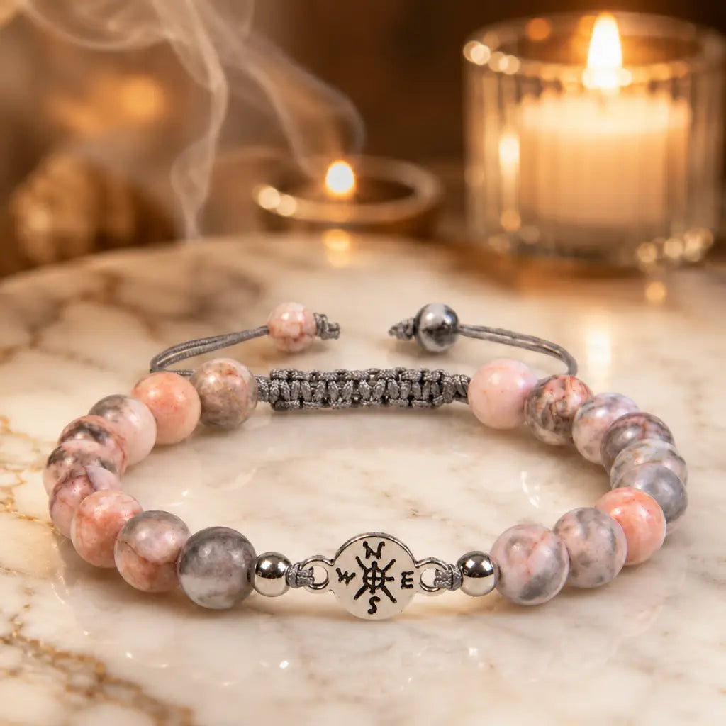 Pink Zebra Jasper healing bracelet with soft candlelight ambiance and polished beads for peaceful energy wear