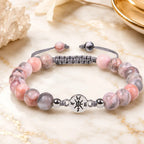 Pink Zebra Jasper gemstone bracelet styled with crystal decor and silver accents for calming spiritual fashion