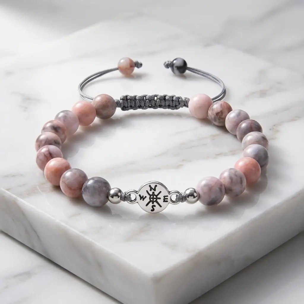 Pink Zebra Jasper minimalist bracelet with polished natural stone beads on marble for refined crystal fashion