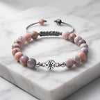 Pink Zebra Jasper minimalist bracelet with polished natural stone beads on marble for refined crystal fashion