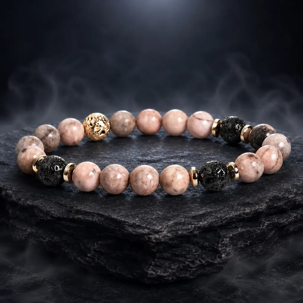 pink zebra jasper luxury bracelet with black lava beads and gold accents on dark stone for elegant wellness