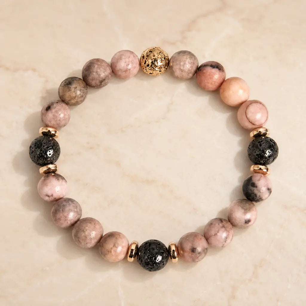 pink zebra jasper gemstone bracelet with lava beads and gold details for elegant wellness fashion appeal