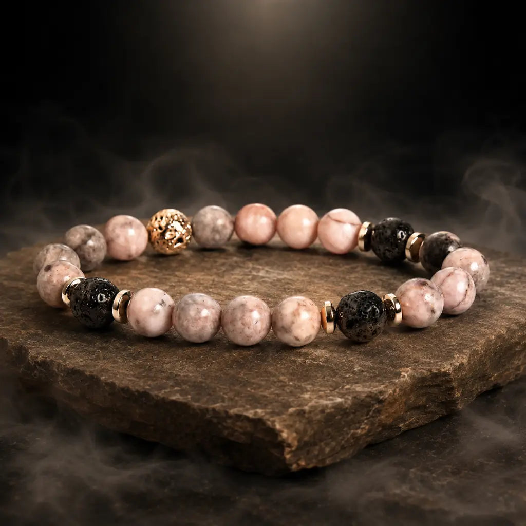 pink zebra jasper gemstone bracelet with lava beads and gold accents for everyday wellness fashion