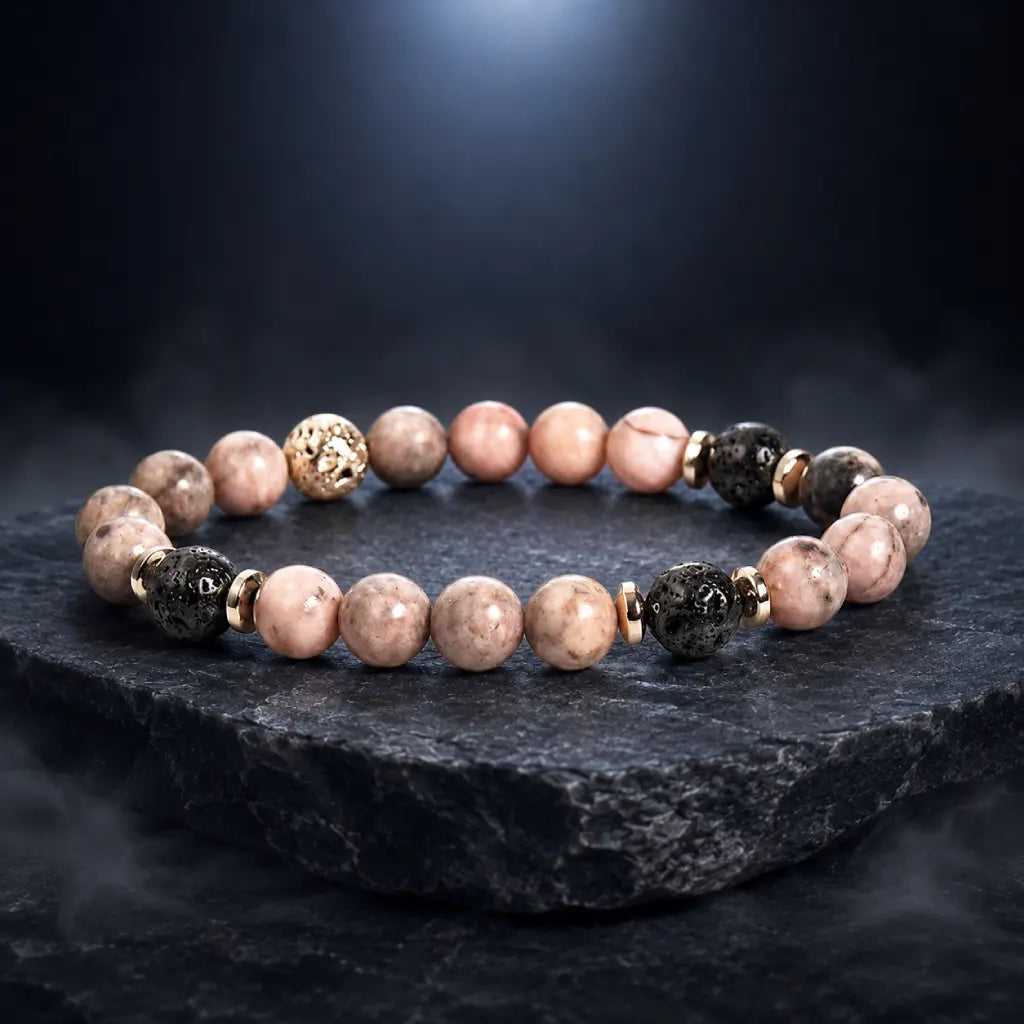 pink zebra jasper bracelet with natural lava stone beads and luxury accents for stylish wellness wear