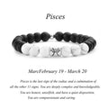 Pisces zodiac bracelet with matte black Agate and white Howlite beads and a silver Pisces fish charm on white background
