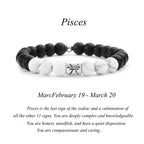Pisces zodiac bracelet with matte black Agate and white Howlite beads and a silver Pisces fish charm on white background