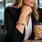 Planet bead tiger eye natural gemstone bracelet paired with business attire, combining tiger eye, quartz, and colorful beads for refined everyday elegance.