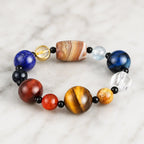 Planet bead tiger eye gemstone bracelet featuring colorful natural stone beads, polished tiger eye, quartz, and agate on a clean marble background.