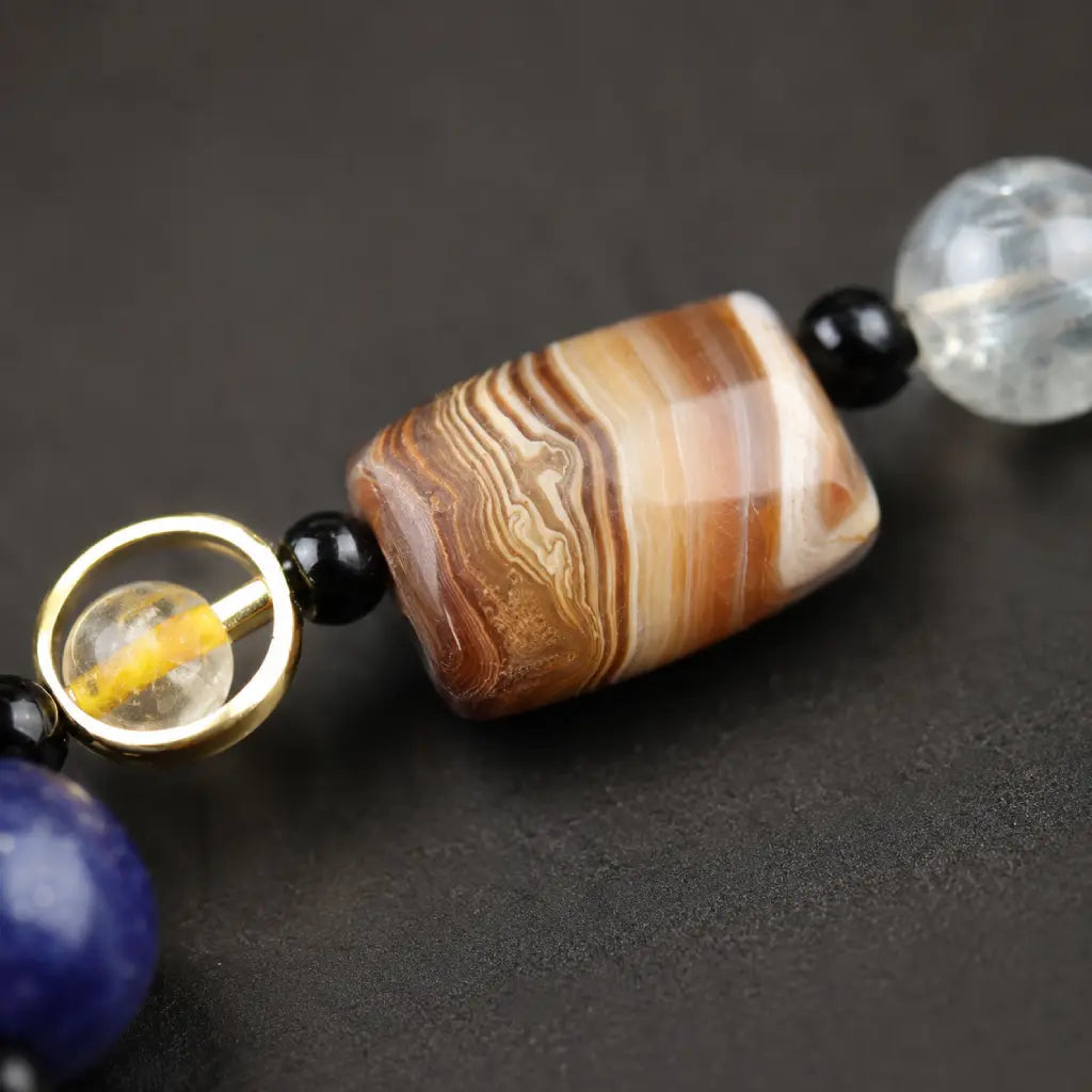 Planet bead tiger eye bracelet close-up highlighting the striped agate centerpiece with polished tiger eye and natural gemstone bead craftsmanship.