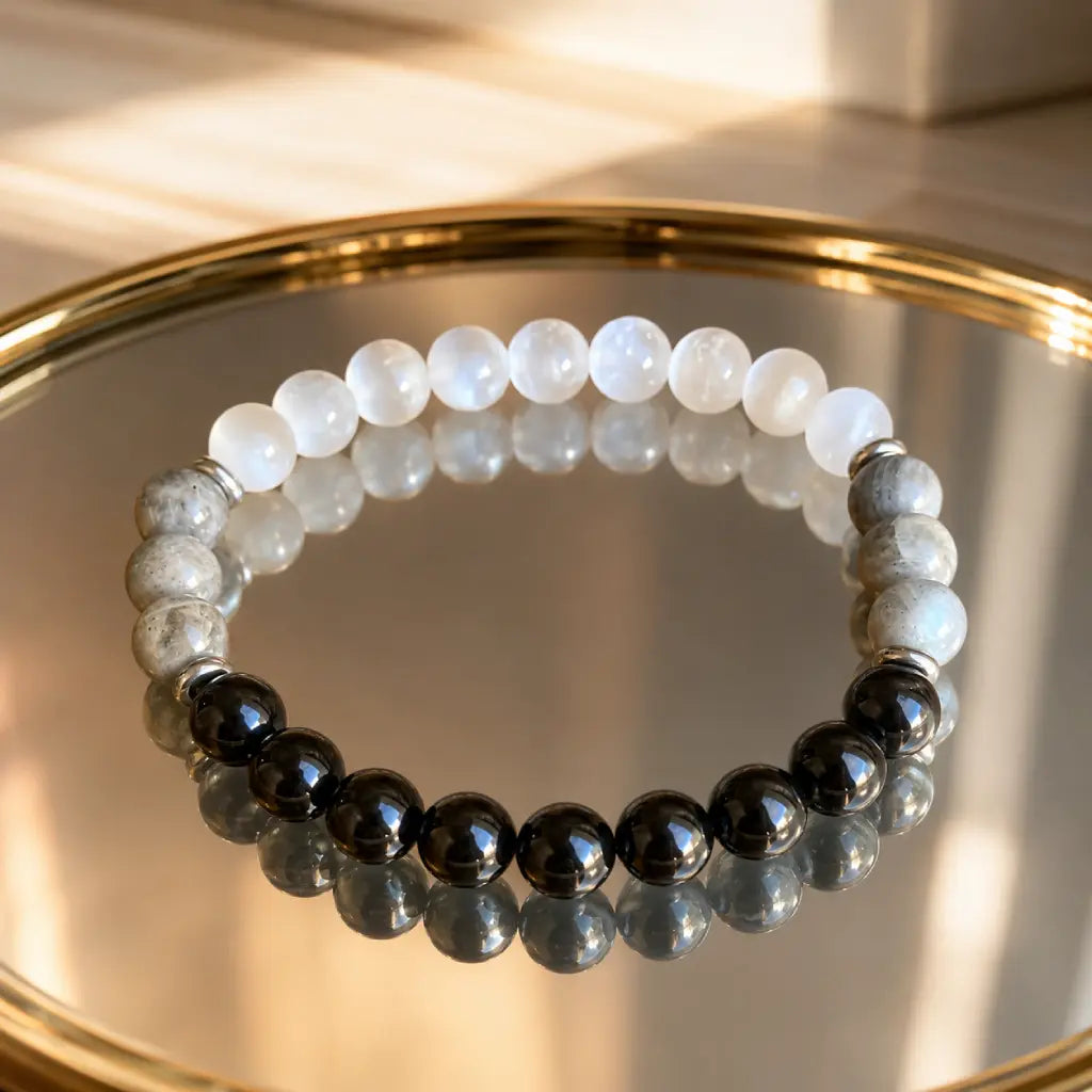 Protection bracelet with black and white gemstone beads, healing crystal jewelry for balanced energy daily use
