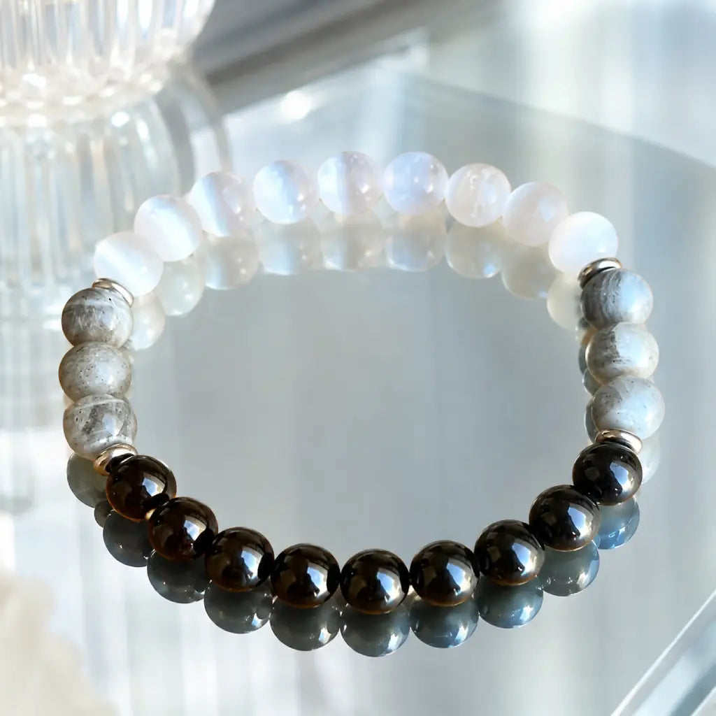 Protection bracelet with elegant healing stones and polished beads creating peaceful energy and daily comfort