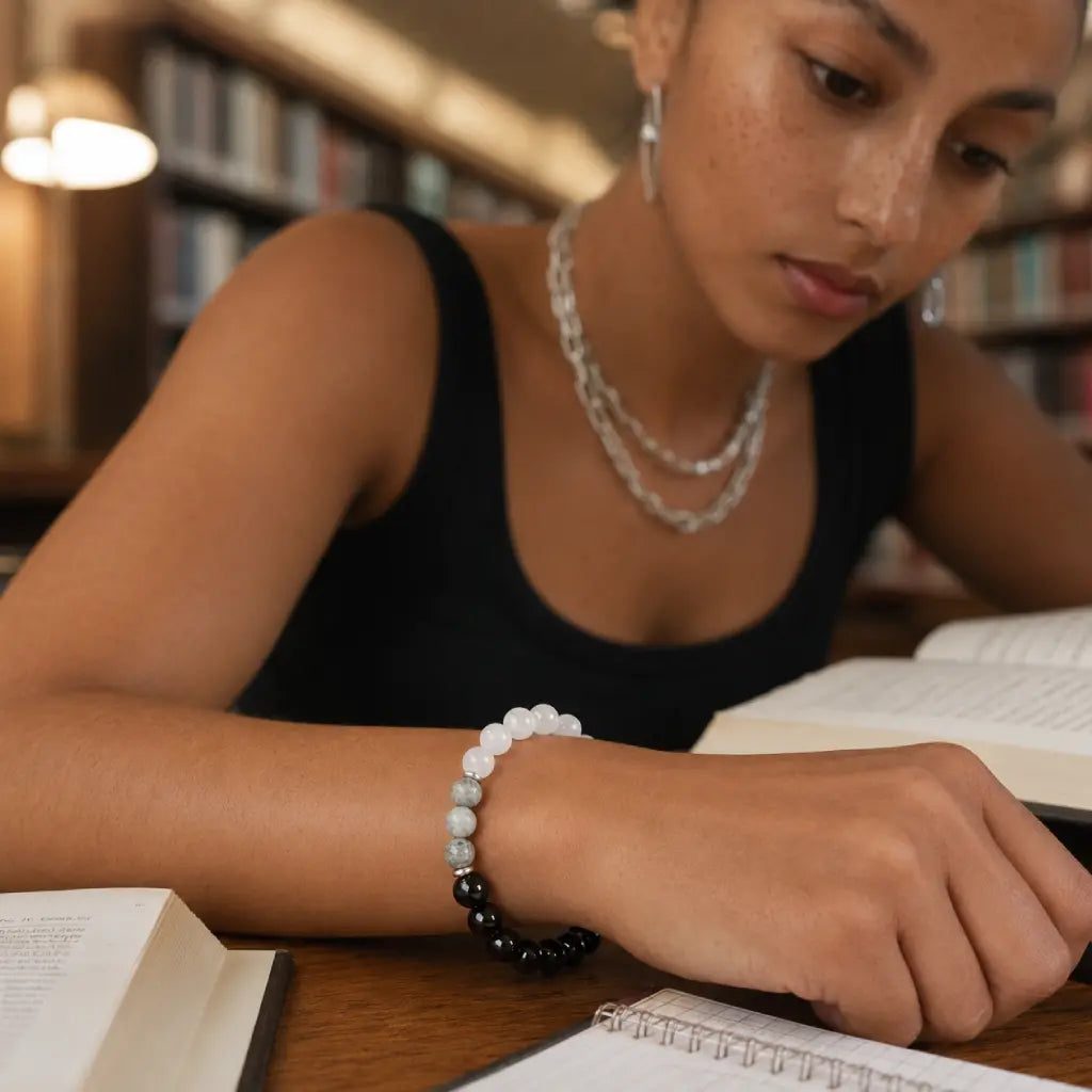 Protection bracelet worn while studying with healing crystal beads supporting focus and calm energy flow