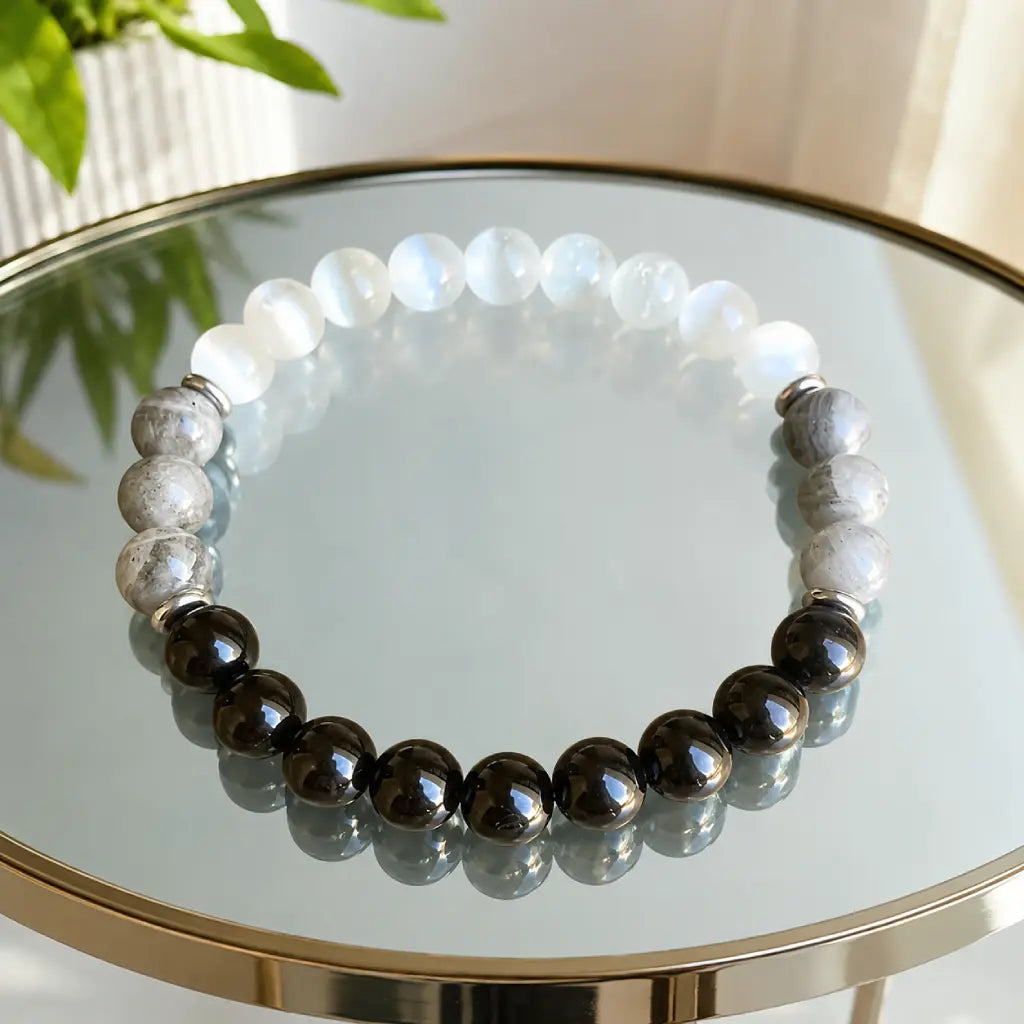 Protection bracelet crafted with natural gemstone beads and crystal jewelry for grounding energy and focus