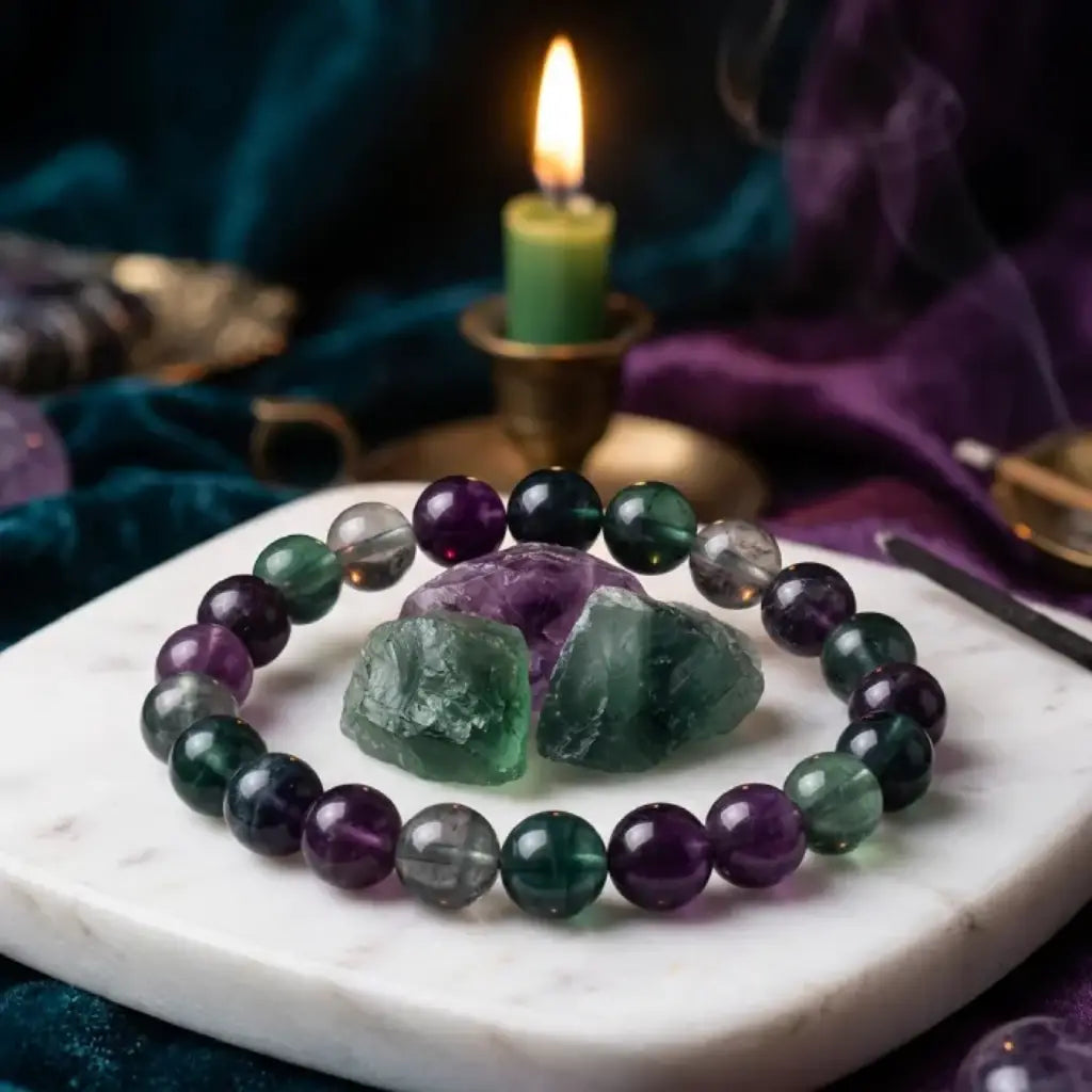 Rainbow Fluorite Crystal Bracelet beside candle and crystals, peaceful meditation setting enhancing focus clarity and spiritual harmony