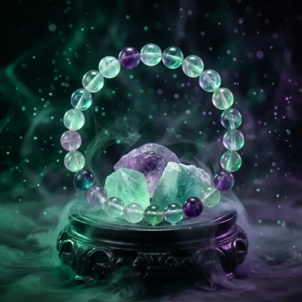 Rainbow Fluorite Crystal Bracelet on decorative stand with glowing mist, showcasing luxury spiritual jewelry and captivating visual appeal