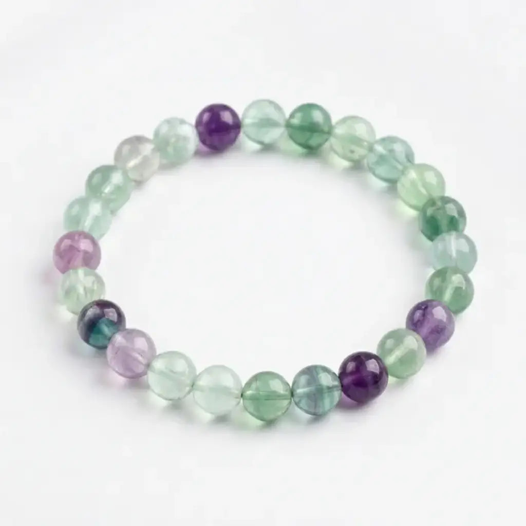 Rainbow Fluorite Crystal Bracelet featuring translucent green and purple beads, elegant clarity enhancing calming energy and focus