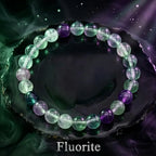 Rainbow Fluorite Crystal Bracelet displayed on agate slab with vibrant glow, highlighting natural crystal texture and premium energy appeal