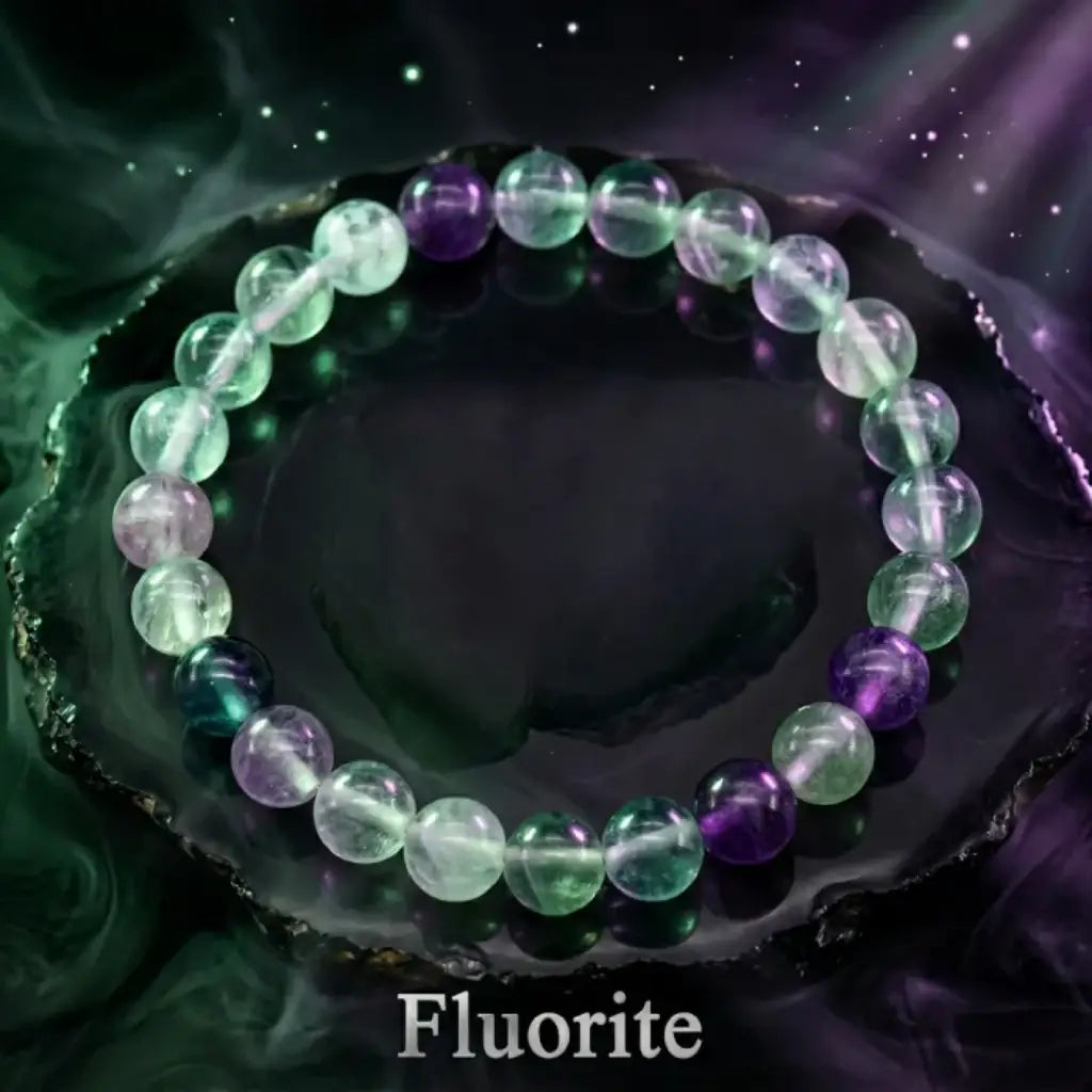 Rainbow Fluorite Crystal Bracelet displayed on agate slab with vibrant glow, highlighting natural crystal texture and premium energy appeal