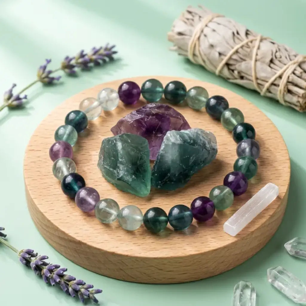 Rainbow Fluorite Crystal Bracelet on wooden tray with sage and crystals, calming aesthetic promoting healing balance and natural beauty