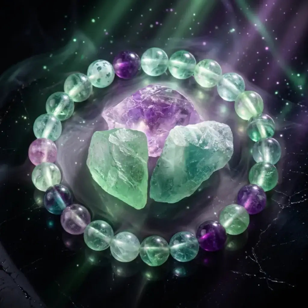 Rainbow Fluorite Crystal Bracelet with glowing cosmic background and raw stones, powerful healing energy and spiritual balance focus