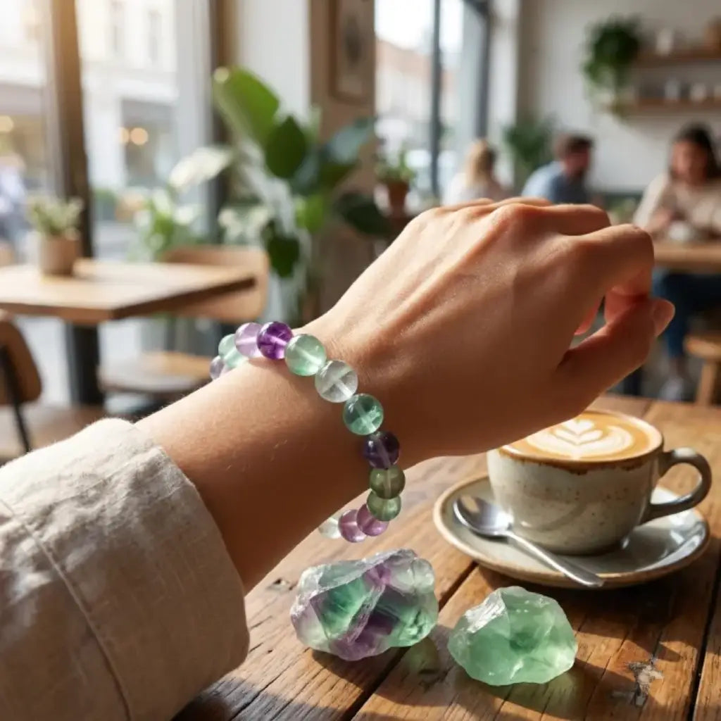Rainbow Fluorite Crystal Bracelet in cozy cafe setting, soft tones enhance relaxation mindfulness and everyday stylish comfort wear