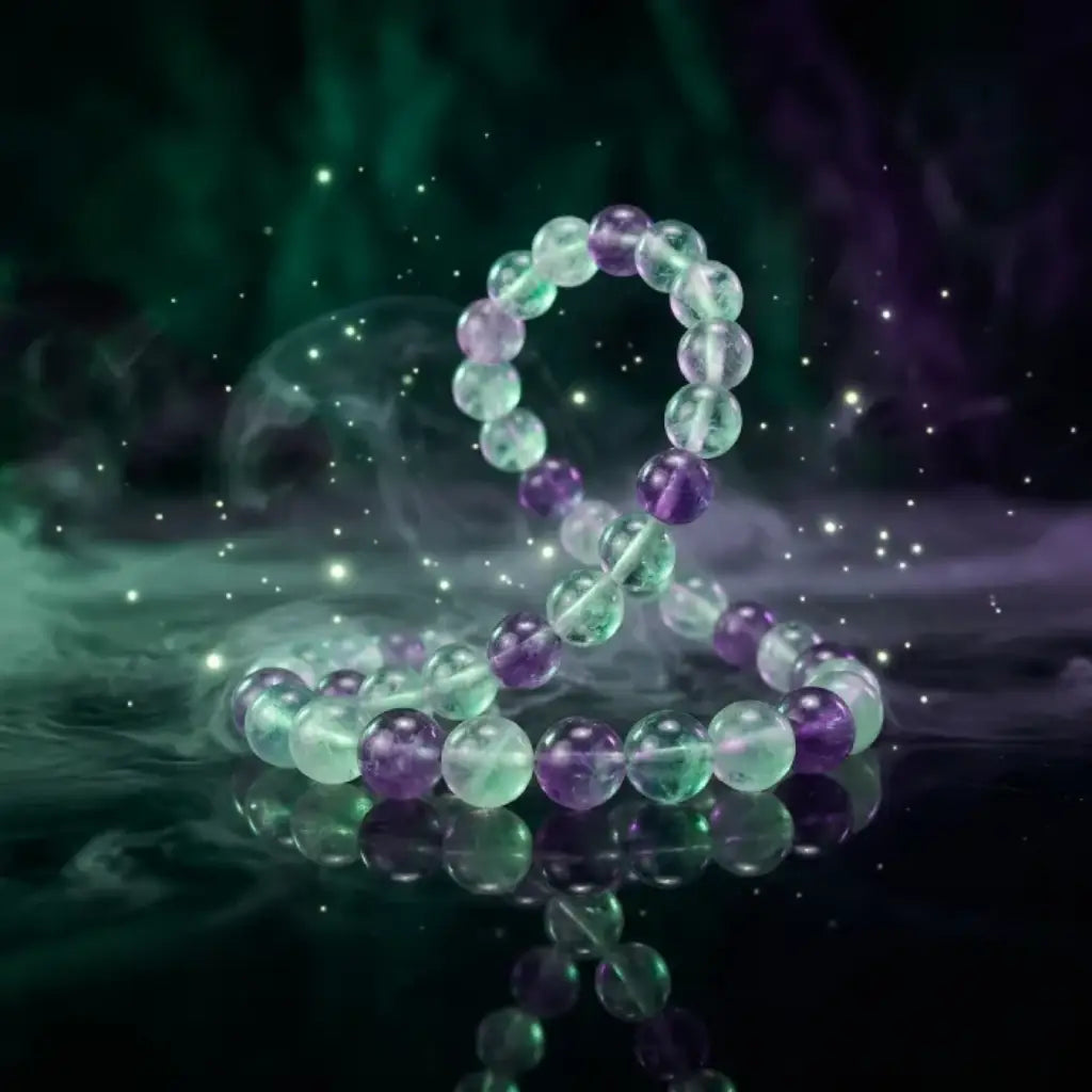 Rainbow Fluorite Crystal Bracelet floating with reflections and soft glow, green purple beads emphasize premium energy and elegance