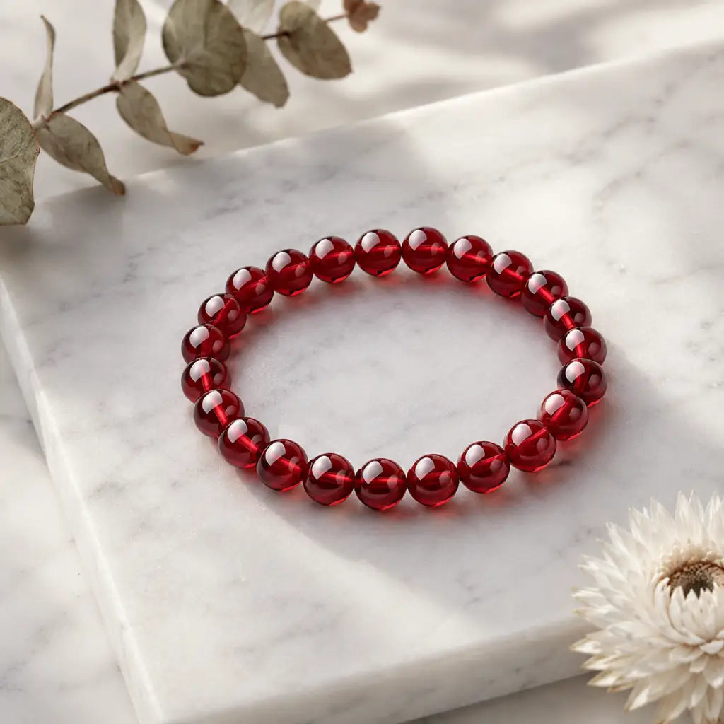 Red garnet jewelry stretch bracelet on marble surface, minimalist gemstone accessory for modern wellness lovers