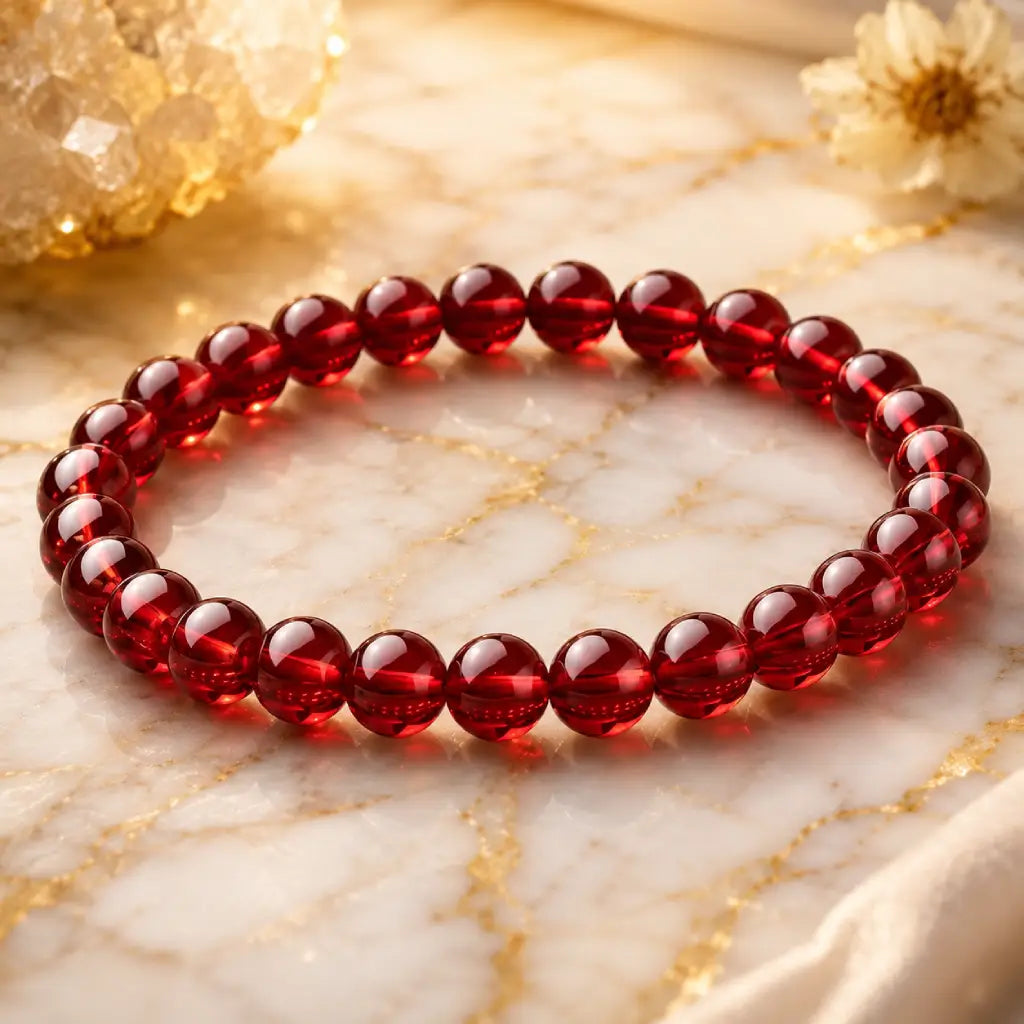 Red garnet jewelry crystal bracelet with radiant gemstone beads, premium wellness accessory for gift giving today