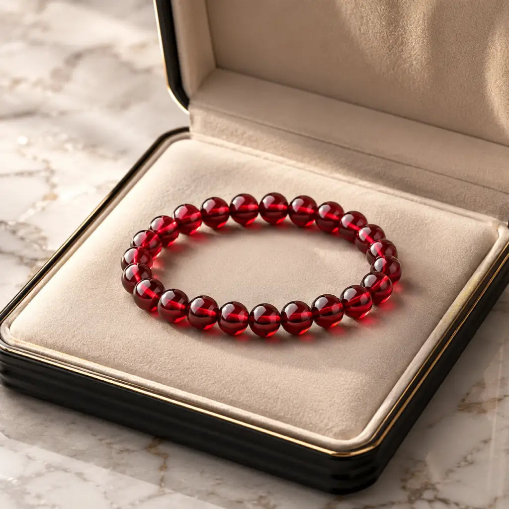 Red garnet jewelry luxury bracelet in elegant gift box, premium crystal accessory for timeless gifting moments