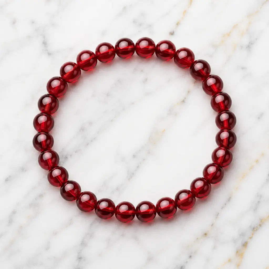 Red garnet jewelry beaded bracelet on white marble, elegant crystal accessory for stylish everyday wear daily fashion