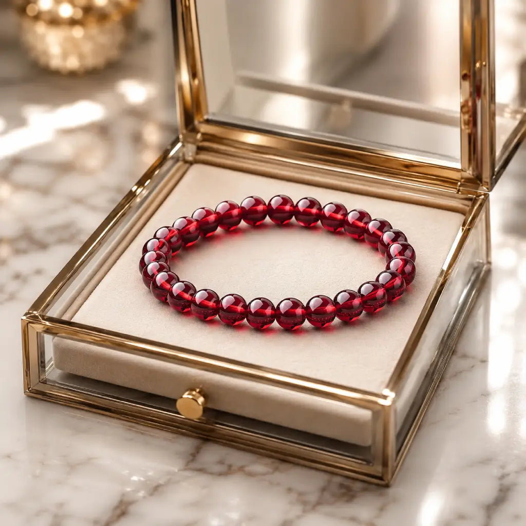 Red garnet jewelry premium bracelet displayed in luxury case, elegant gemstone accessory for stylish gift giving