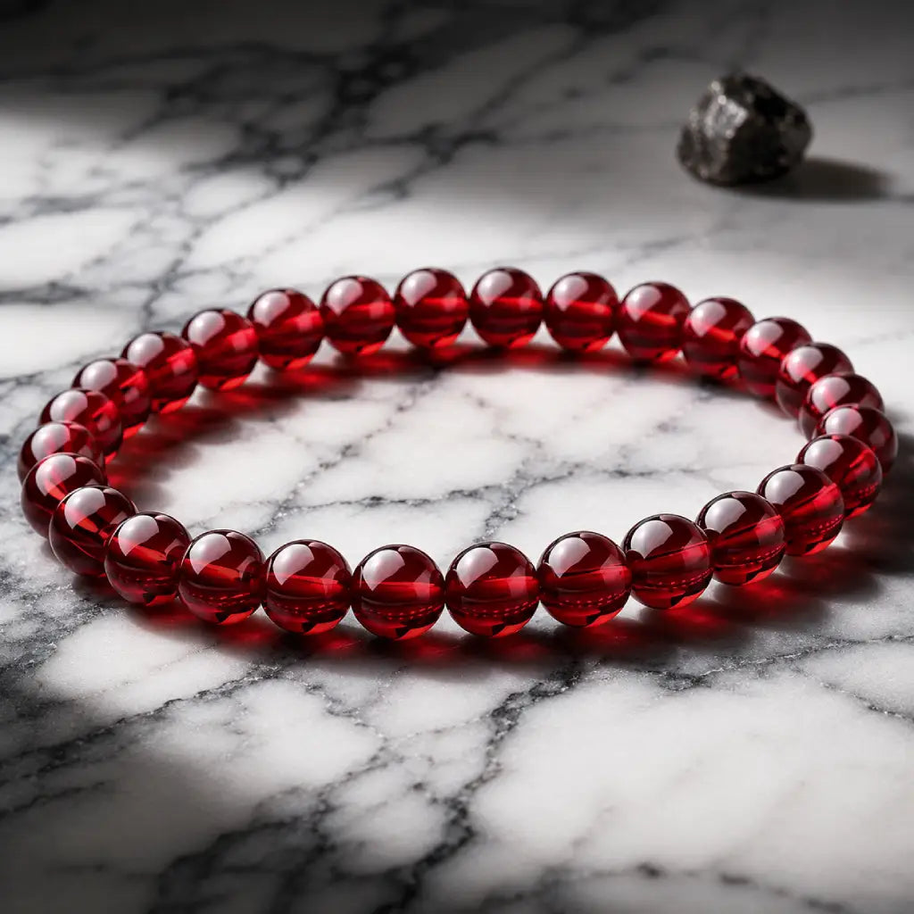 Red garnet jewelry gemstone bracelet with glossy red beads, luxury crystal accessory for evening outfits daily wear